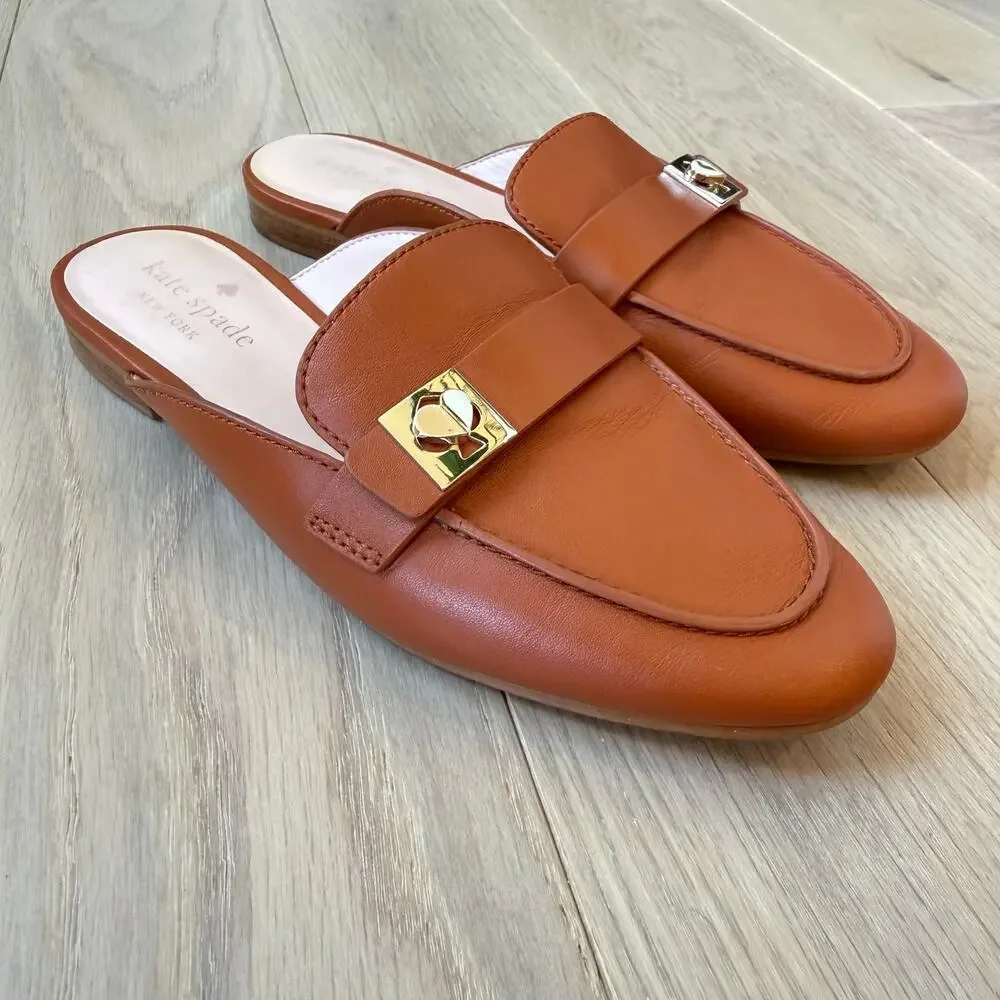 Kate Spade Coda Mules Hot Cider Cognac Brown Leather Gold‑Tone Hardware Size 6
